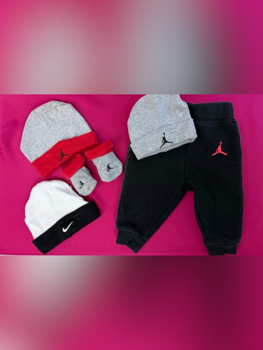 Jordan & Nike 3 Infant Beanies, Black Sweatpants & Matching Socks Unisex 0-6M